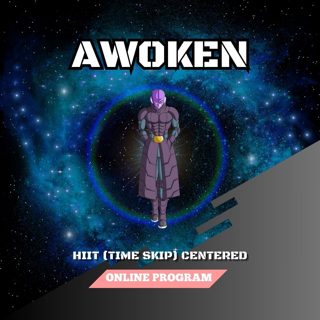 Text: Awoken: HIIT (Time Skip) Centered. Online Program. Graphics: HIT from Dragon Ball Z standing in the middle.
