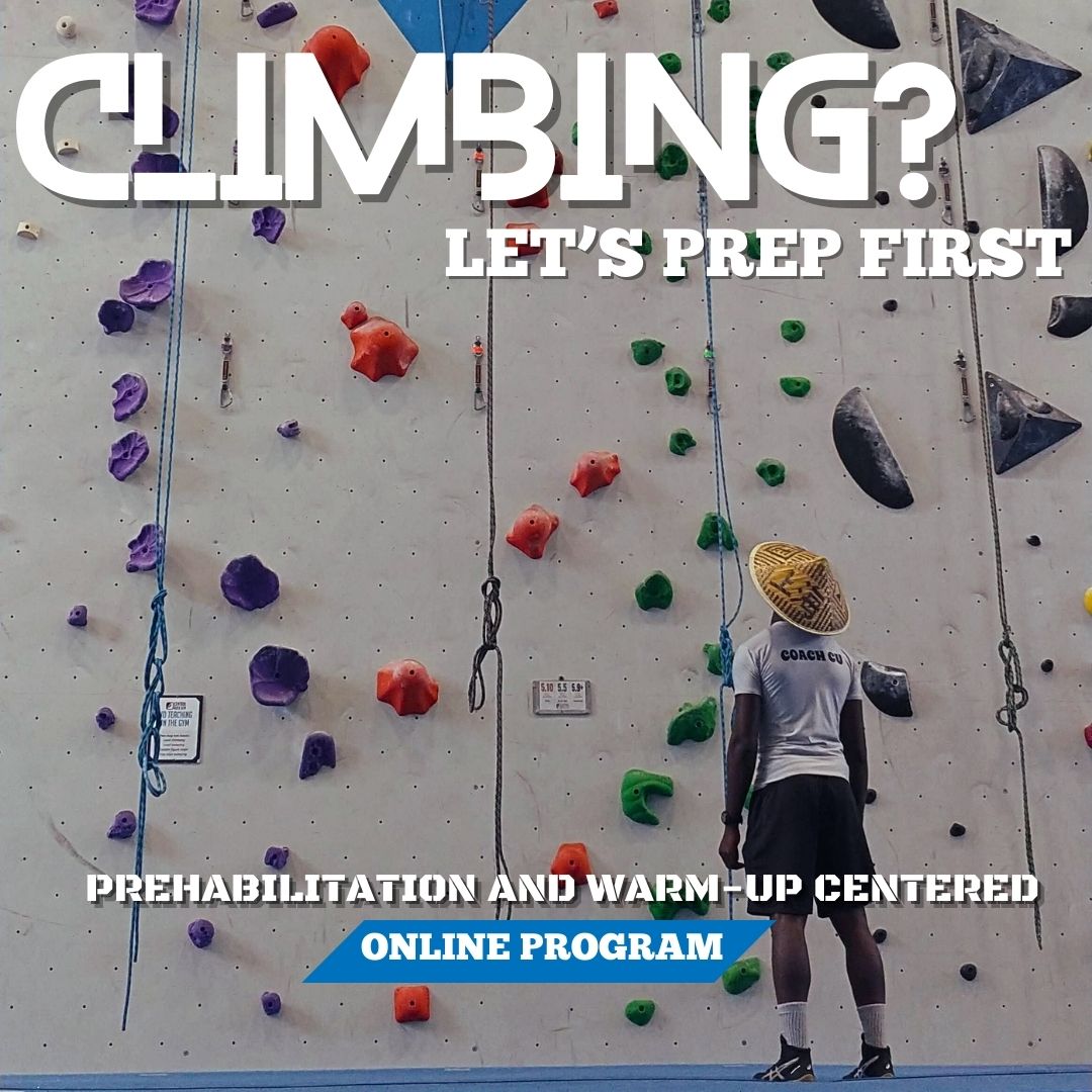 Text: Climbing? Let's Prep First. Rehabilitation And Mobility. Online Program. Graphics: Marcus G. Vilmé looking at a rock climbing wall.