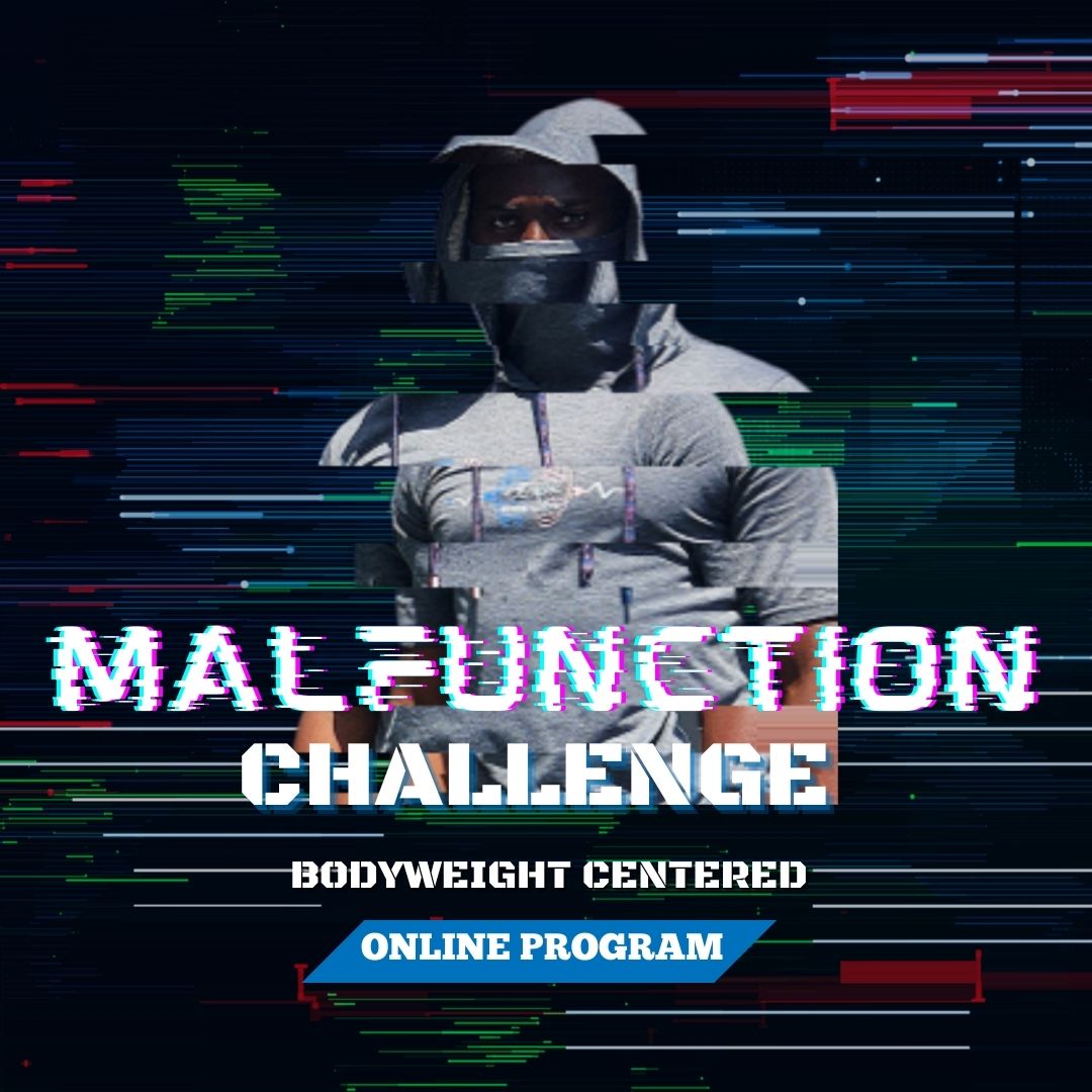 Text: Malfunction Challenge-Bodyweight centered, Online Program. Graphics: Marcus G. Vilmé in the ninja masked hoodie. Pink, grey, and black hexagons.