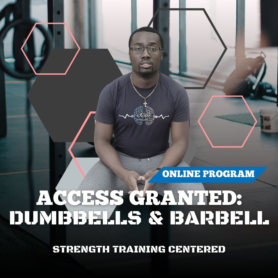 Text: Access Granted: Dumbbells & Barbell, Online Program. Graphics: Marcus G. Vilmé sitting down. Pink, grey, and black hexagons.