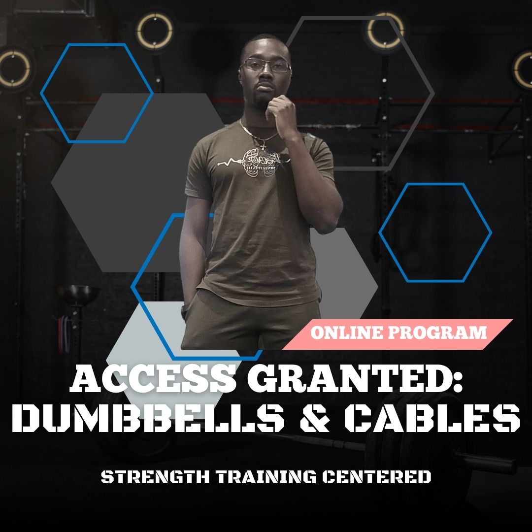 Text: Access Granted: Dumbbells & Cables, Online Program. Graphics: Marcus G. Vilmé grabbing his chin. Blue, grey, and black hexagons.