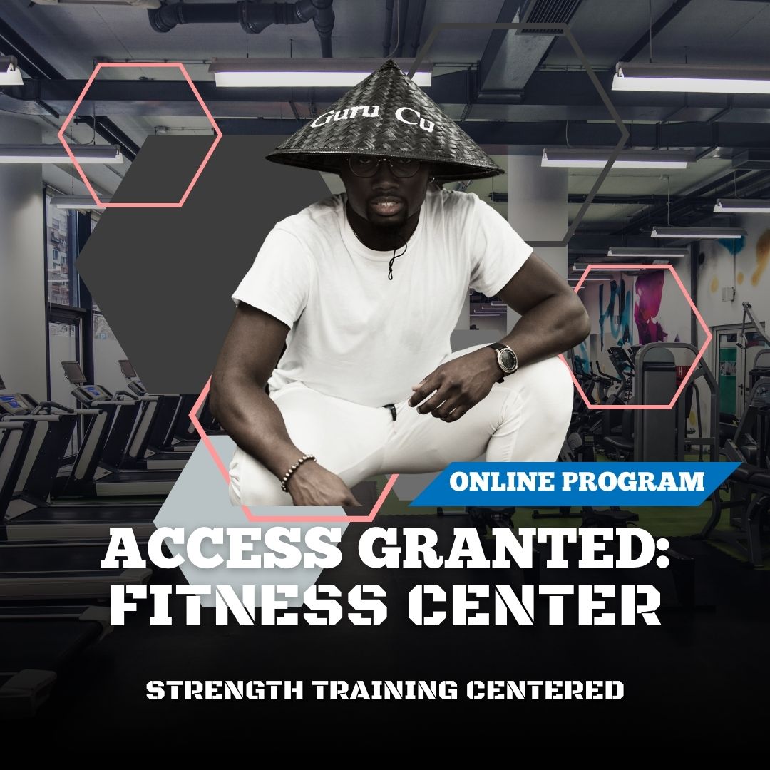 Text: Access Granted: Fitness Center, Online Program. Graphics: Marcus G. Vilmé crouching. Pink, grey, and black hexagons.