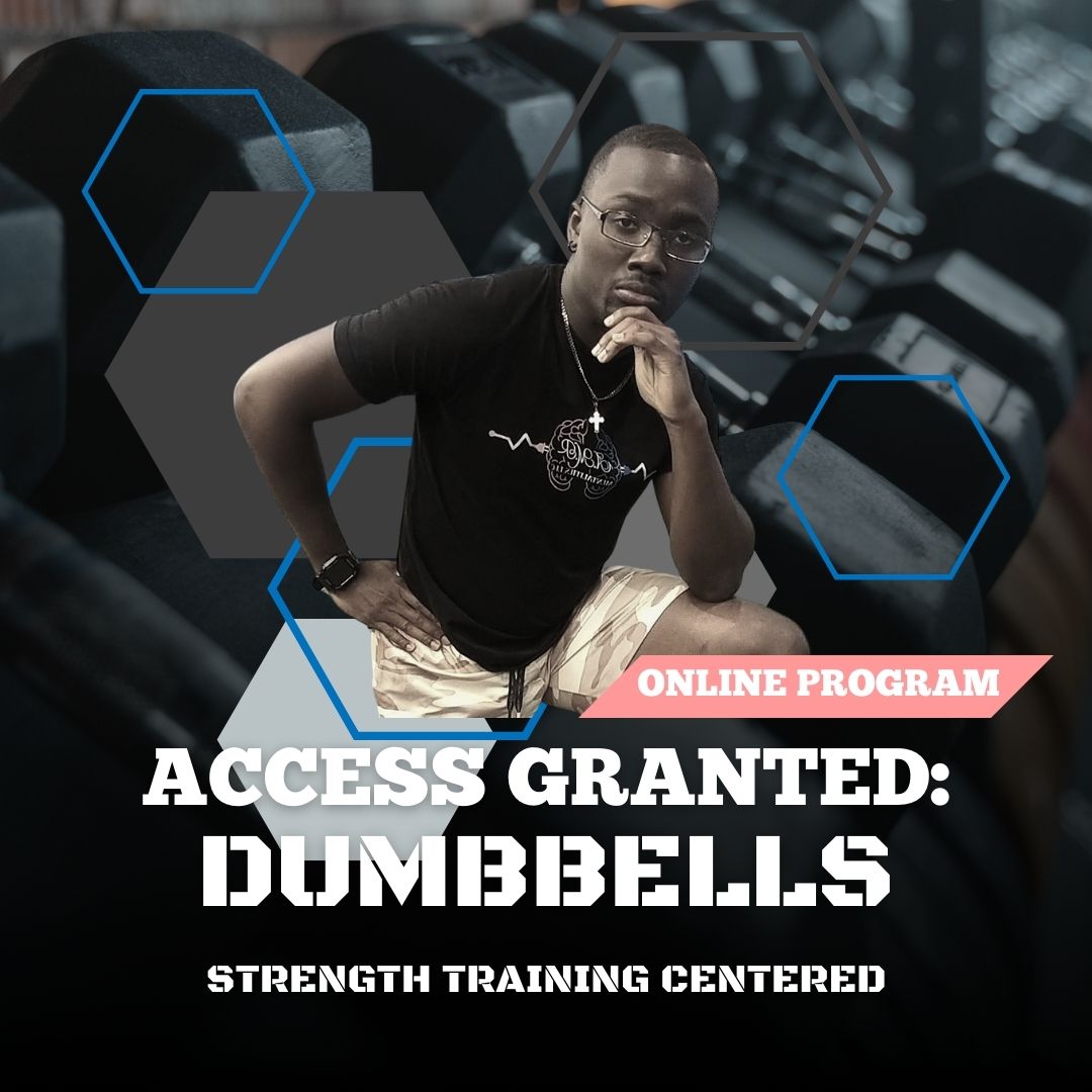 Text: Access Granted: Dumbbells, Online Program. Background: Dumbbells in a gym