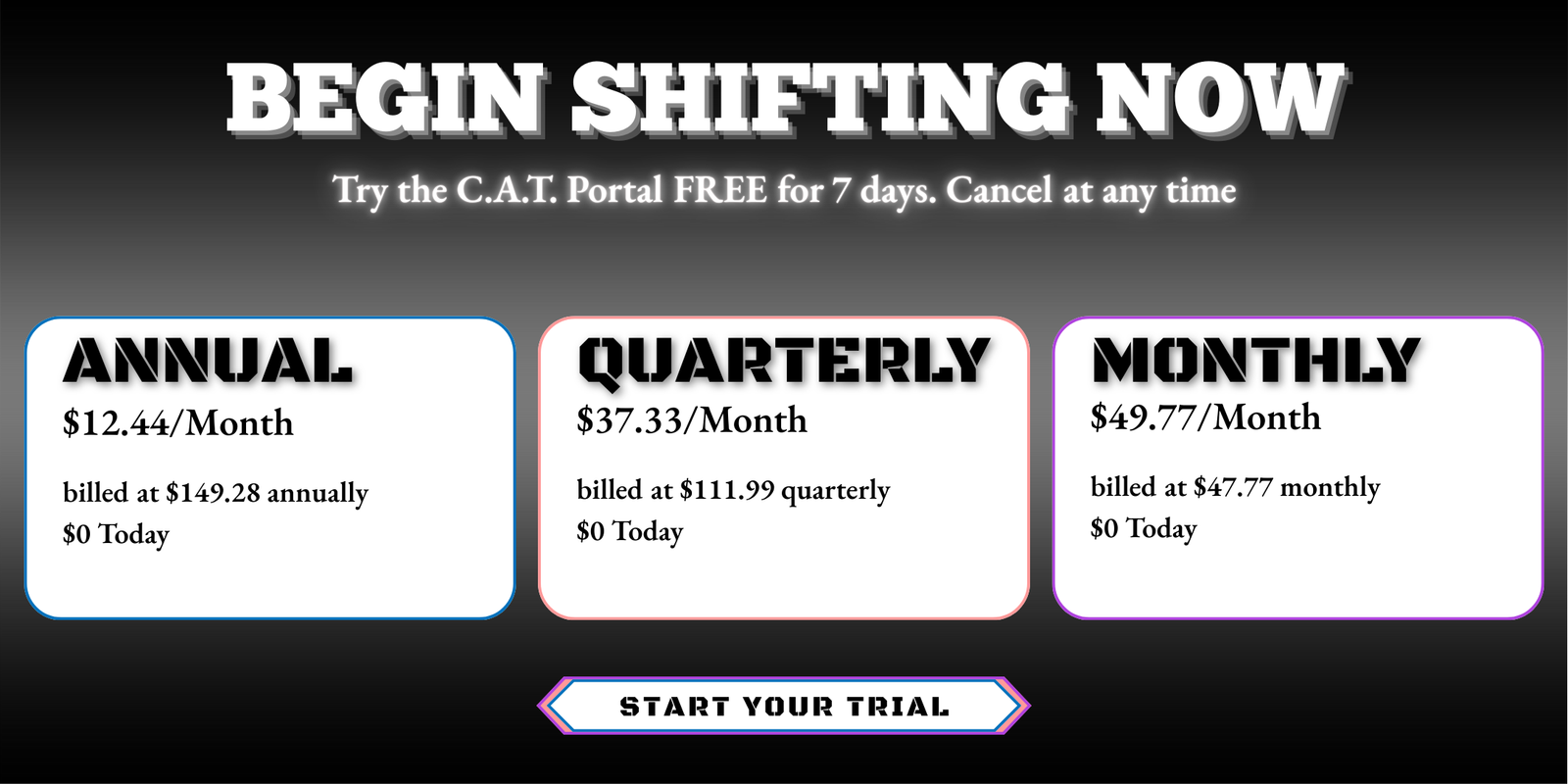 Subscription pricing plan with annual, quarterly, and monthly options on a black background.