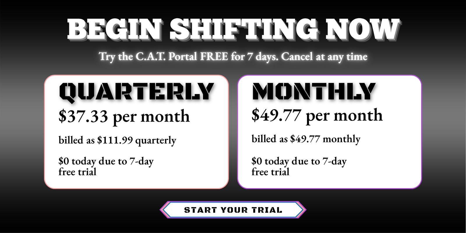 Subscription pricing plan for a service with monthly and quarterly options on a black background.